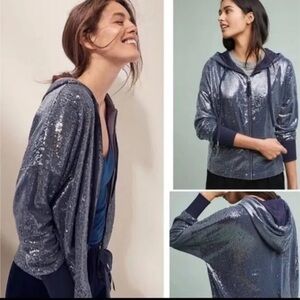 Anthropologie Sz Md Sequin Hoodie Navy Blue